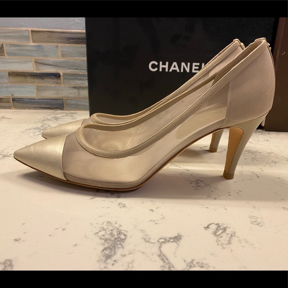 Champagne Mesh & Leather Mix Chanel pumps size 41.5 (US 10.5) - Picture 6 of 10